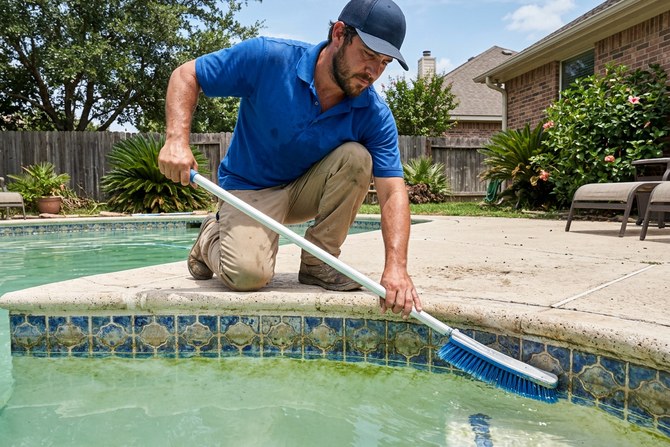 Technician brushing the tile line of a residential pool with a long-handled brush