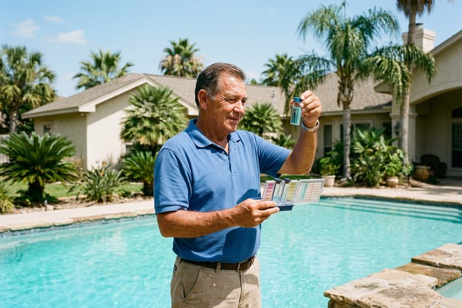 Technician testing pool water with a test kit beside a sparkling pool in a South Texas backyard