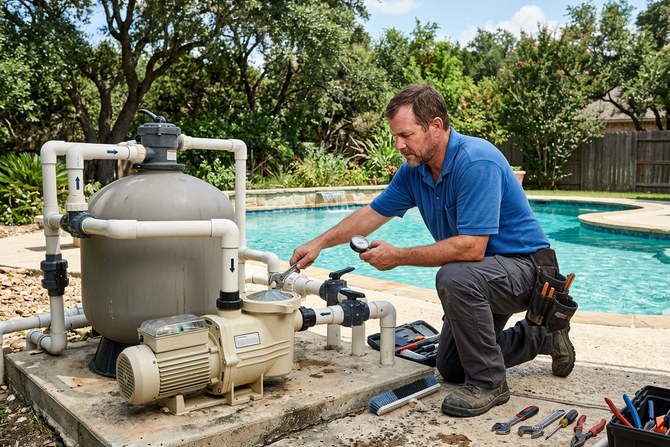 Technician in a blue polo inspecting a pool pump and filter system beside a residential pool