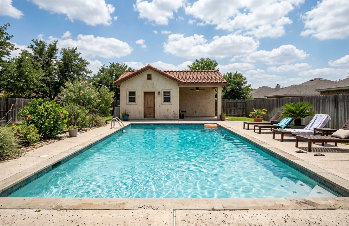Wide view of a clean residential pool with a pool house in a South Texas backyard