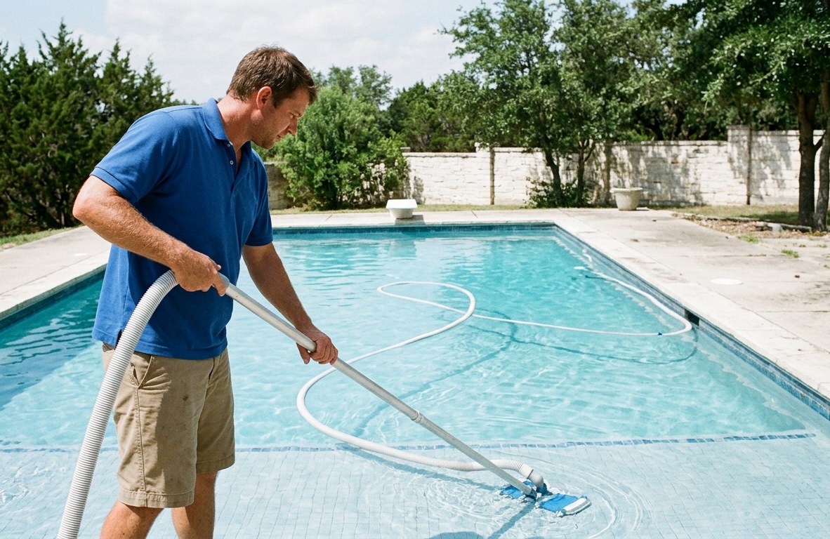 Technician vacuuming the floor of a residential pool with a manual pool vacuum