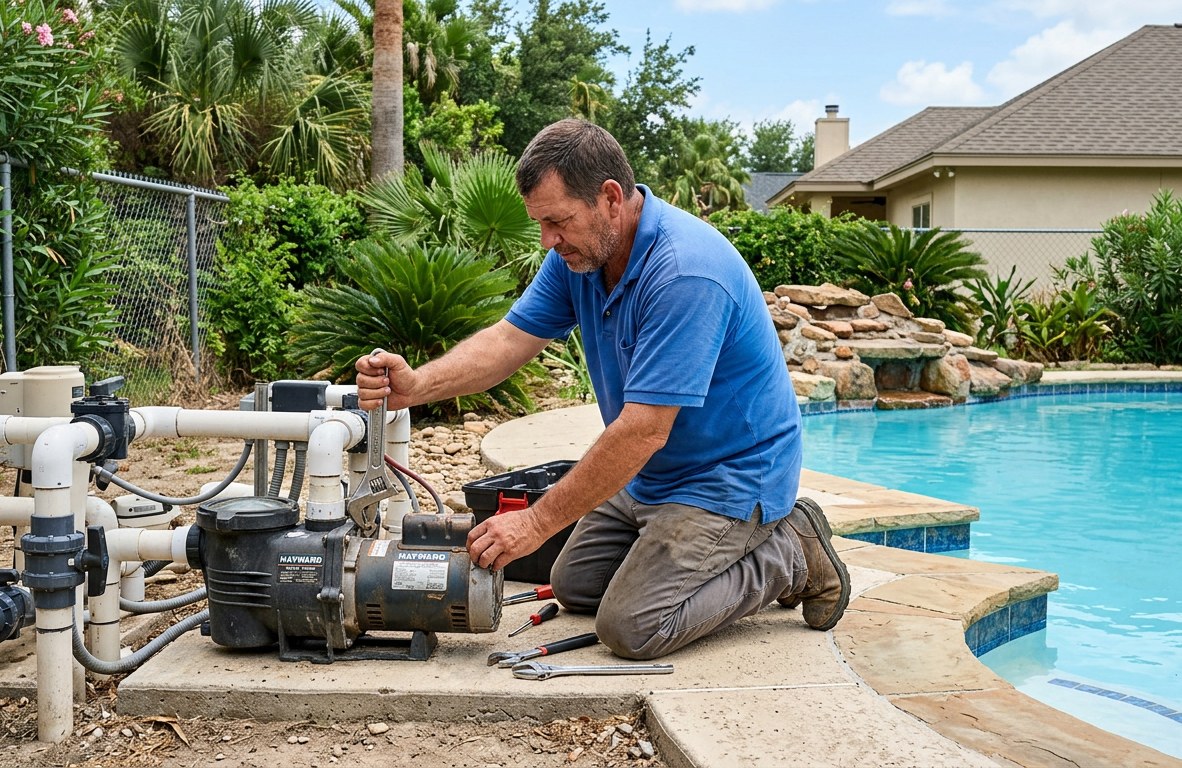 Technician in a blue polo repairing a pool pump motor beside a residential pool