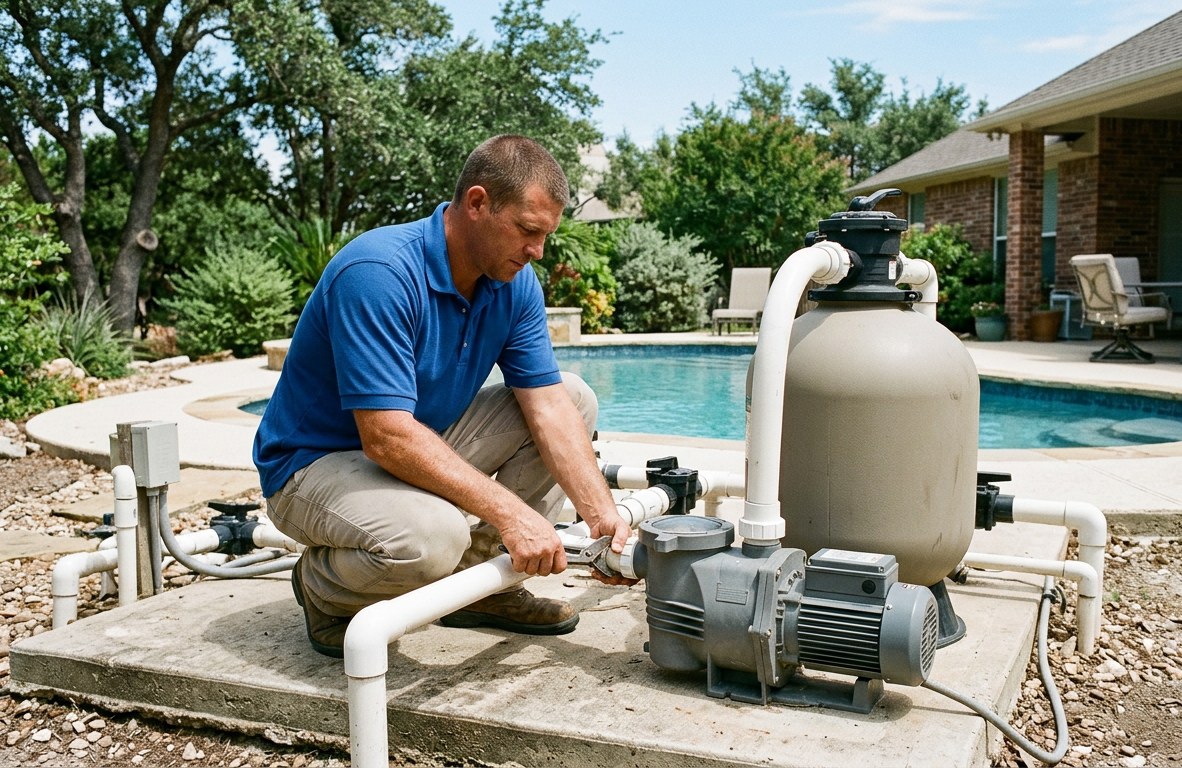 Technician installing a new pool pump and filter system beside a residential pool