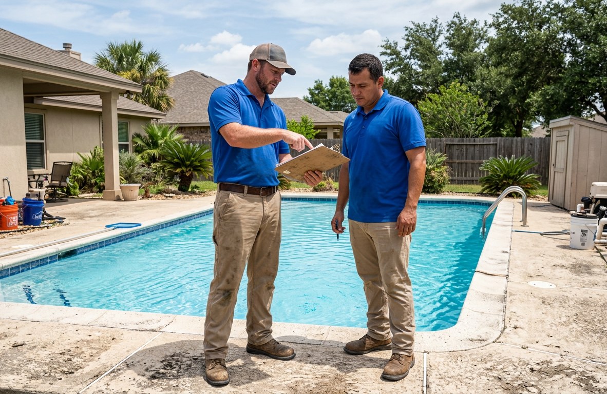 Two pool technicians in blue polos reviewing a clipboard beside a clean residential pool