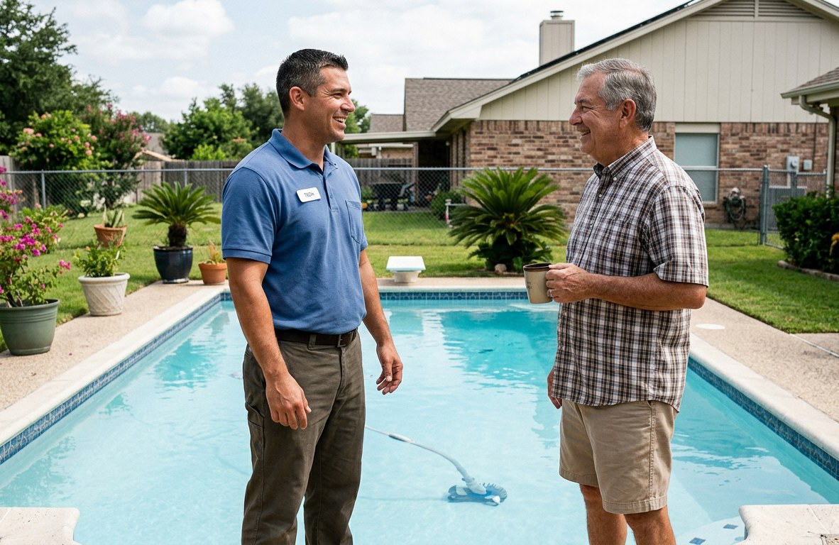 Technician in a blue polo talking with a homeowner beside a clear residential pool